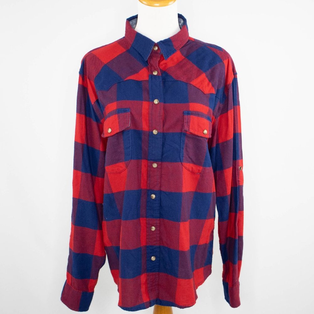JACHS Girlfriend Red and Blue Plaid Button-Front Flannel Shirt